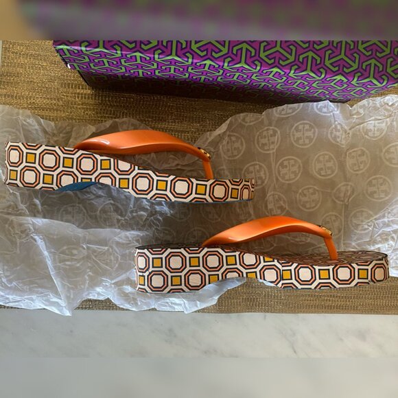 Tori Burch Cut-Out Platform Wedge Flip-Flops in Orange - Picture 3 of 5
